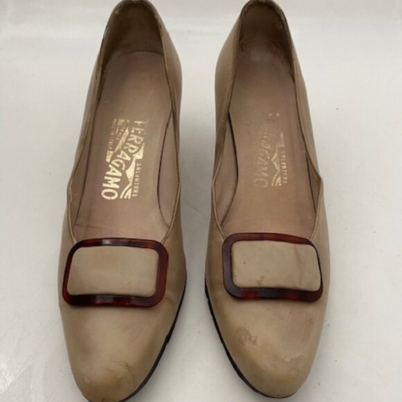 VINTAGE Ferragamo Tan Brown Leather Buckle Pumps Heels Shoes 7 - Picture 3 of 15